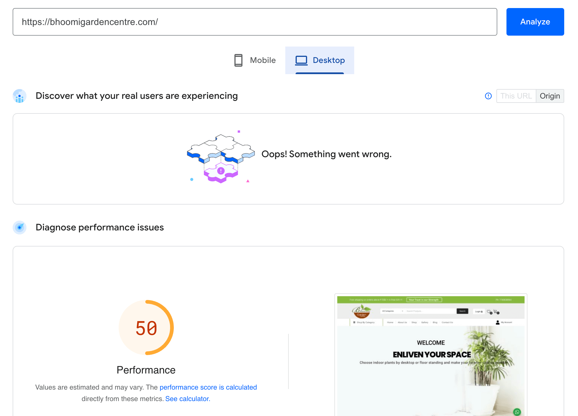 WooCommerce homepage Page Speed Score on desktop before speed optimization