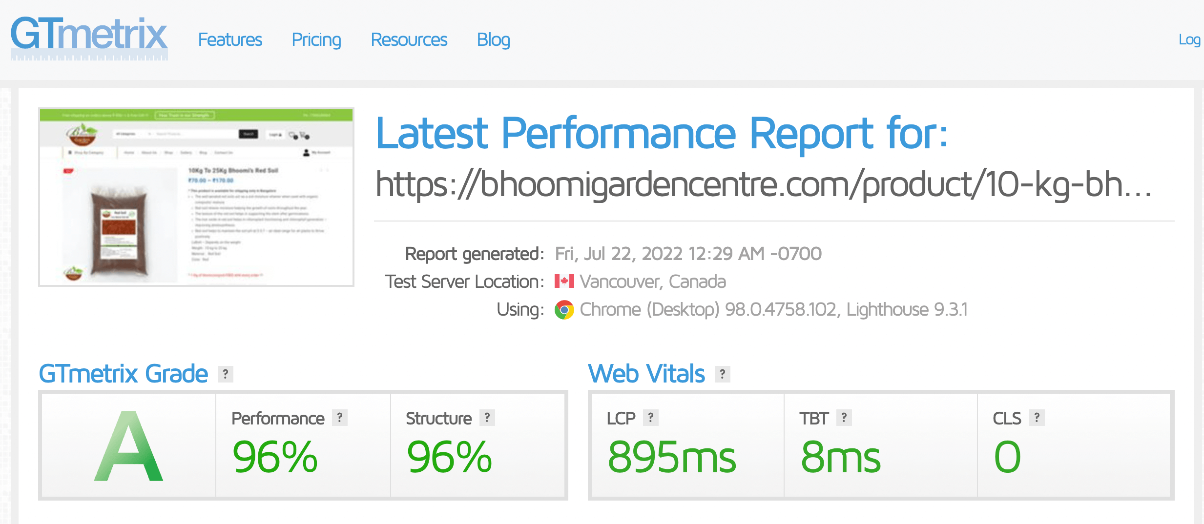 WooCommerce Product Page GTMetrix Score after speed optimization